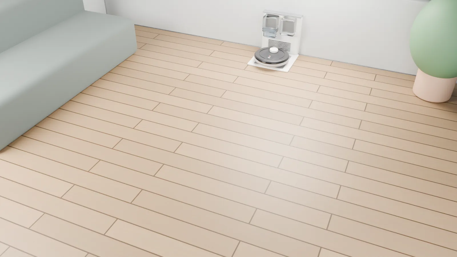 The cleaning robot back on its dock in a clean living room; the dock's clear bin holds the dust it emptied.