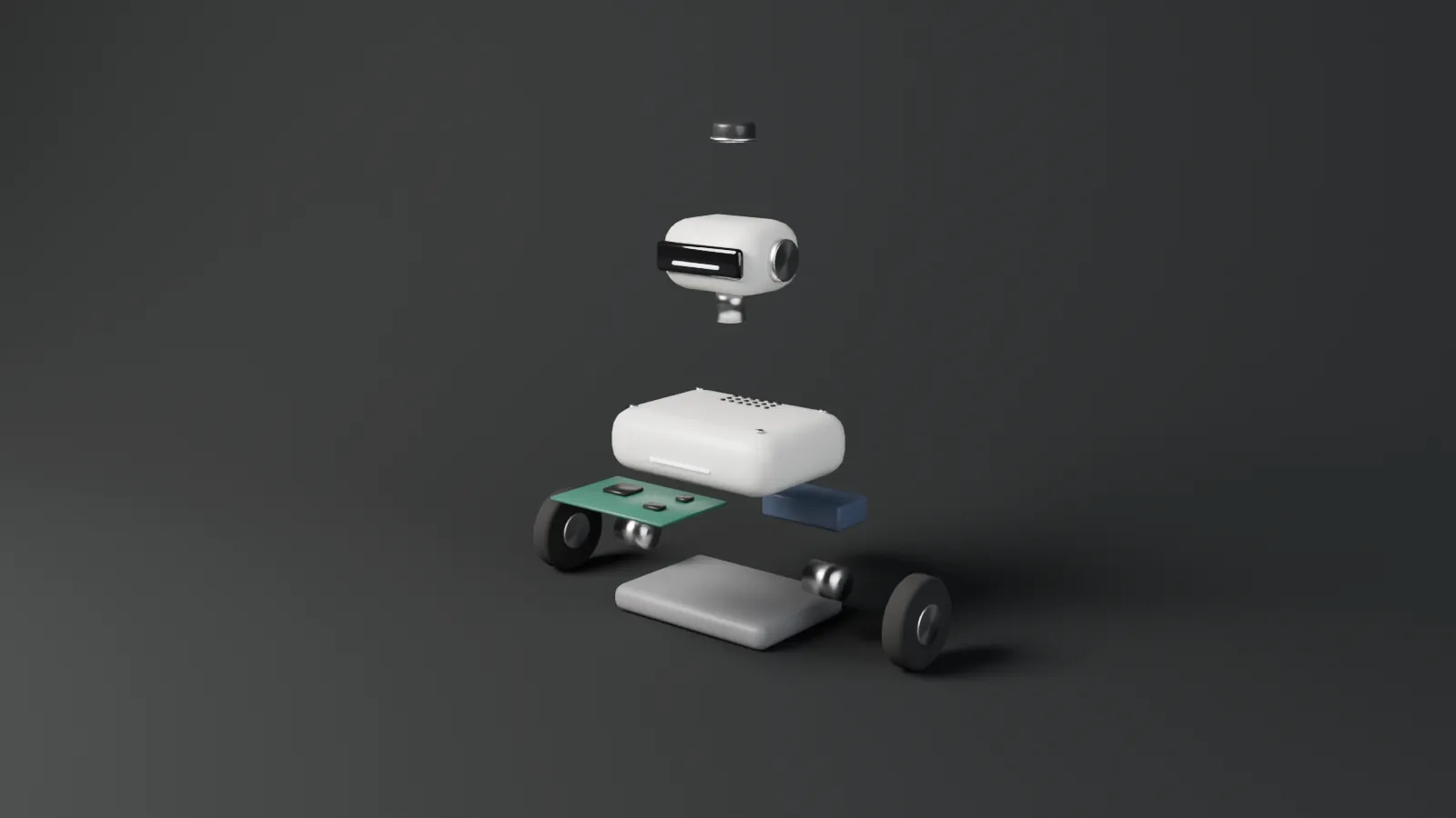The small robot taken apart into its parts.